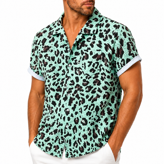 Mens 3D Leopard Print Short Sleeve Casual Summer Beach Shirt - QHA UK