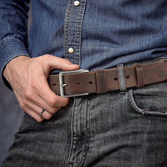 Men's Genuine Cowhide Leather Belt – 40mm Antique Pin Buckle - Buckle Detail - QHA UK