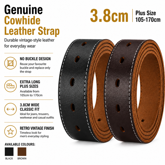 Mens Genuine Leather Belt Strap No Buckle 3.8cm Vintage Plus Size 30" - QHA UK
