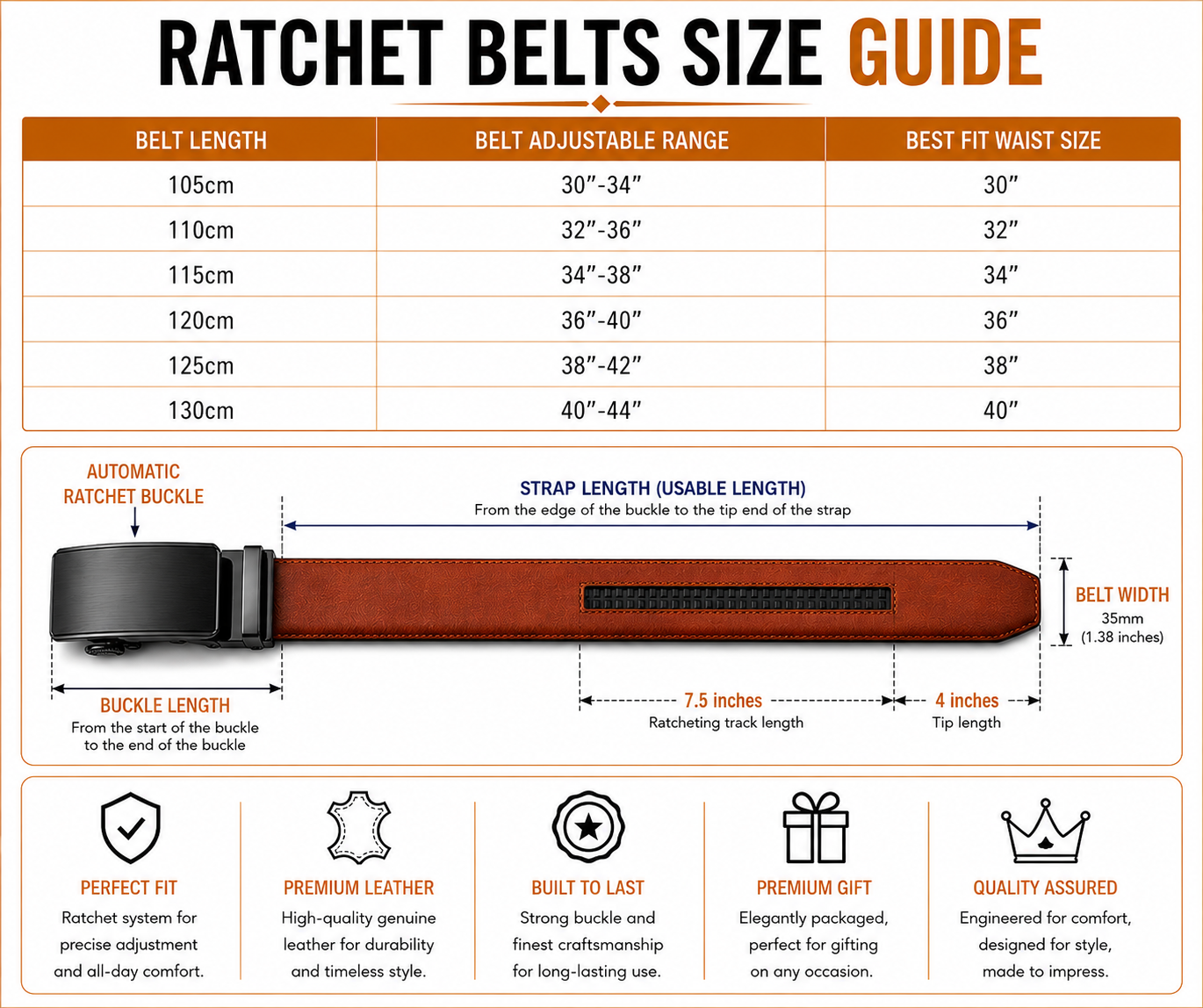 Men's Genuine Leather Suede Belt Strap | No Buckle | 3.5cm | 110–130cm - Size Guide - QHA UK