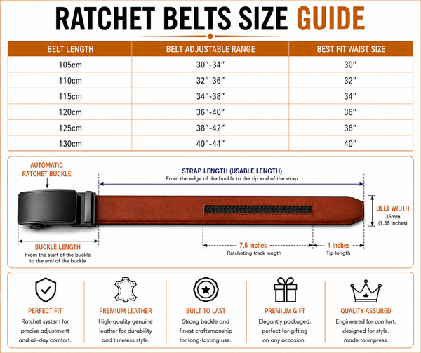 Men's Genuine Leather Suede Belt Strap | No Buckle | 3.5cm | 110–130cm - Size Guide - QHA UK