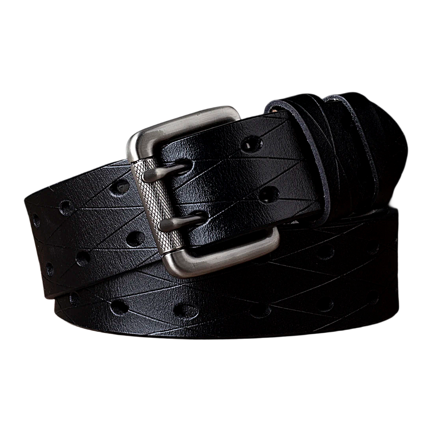 Mens Genuine Leather Double Prong Belt Heavy Duty Jeans Cowboy Black B - QHA UK