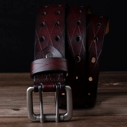 Mens Genuine Leather Double Prong Belt Heavy Duty Jeans Cowboy Black B - QHA UK