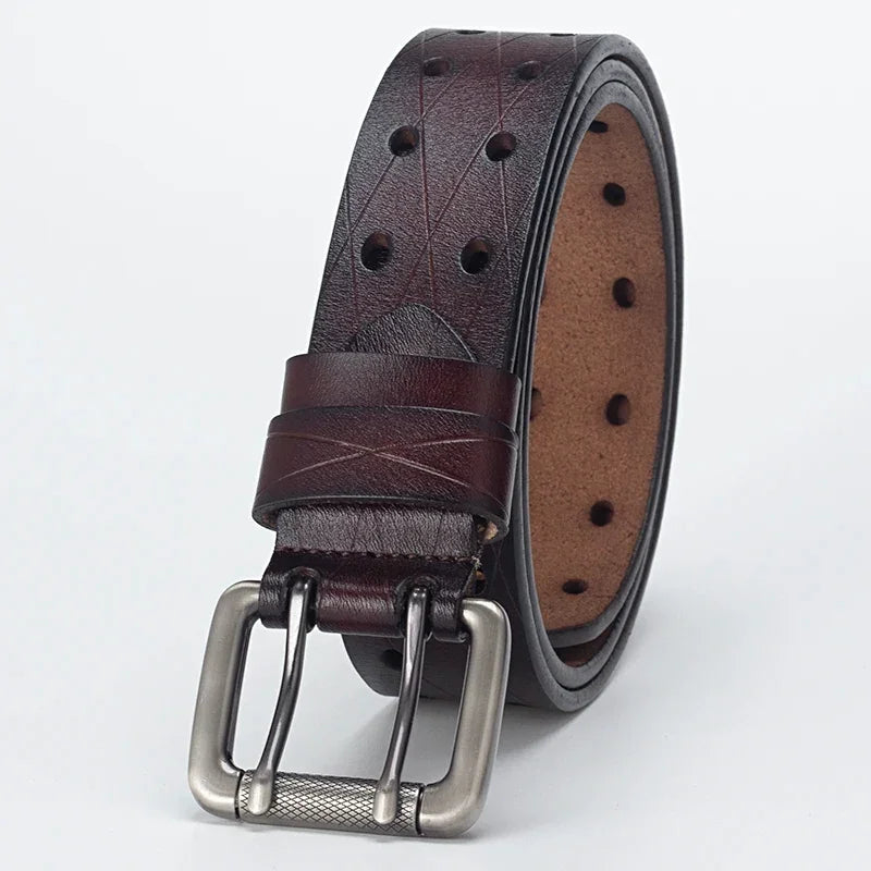 Mens Genuine Leather Double Prong Belt Heavy Duty Jeans Cowboy Black B - QHA UK