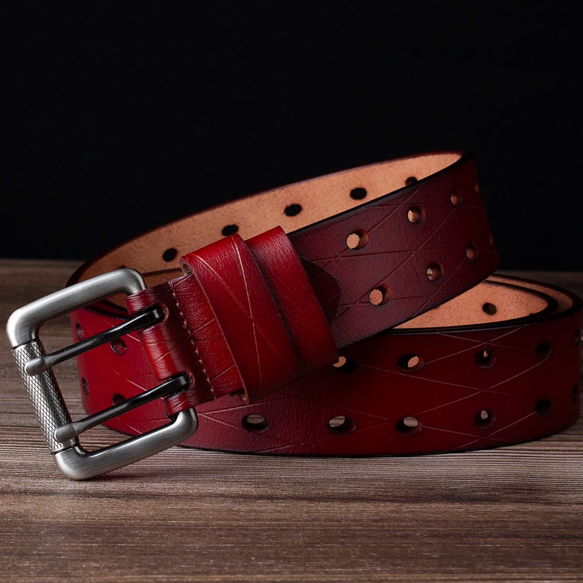 Mens Genuine Leather Double Prong Belt Heavy Duty Jeans Cowboy Black B - QHA UK