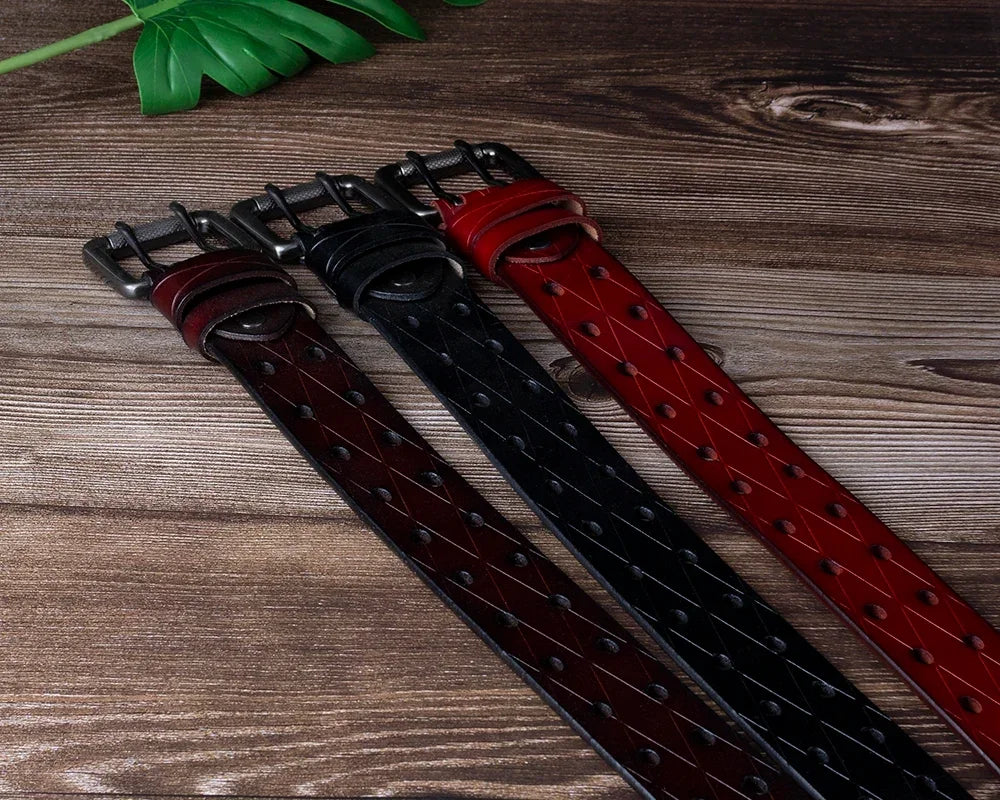 Mens Genuine Leather Double Prong Belt Heavy Duty Jeans Cowboy Black B - QHA UK