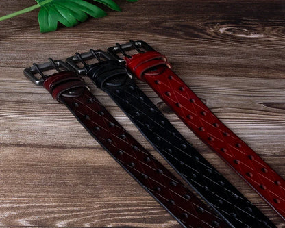 Mens Genuine Leather Double Prong Belt Heavy Duty Jeans Cowboy Black B - QHA UK
