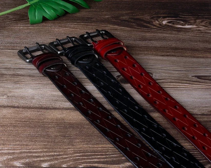 Mens Genuine Leather Double Prong Belt Heavy Duty Jeans Cowboy Black B - QHA UK