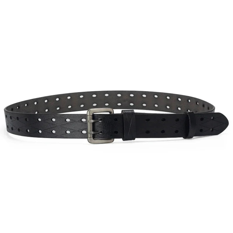 Mens Genuine Leather Double Prong Belt Heavy Duty Jeans Cowboy Black B - QHA UK