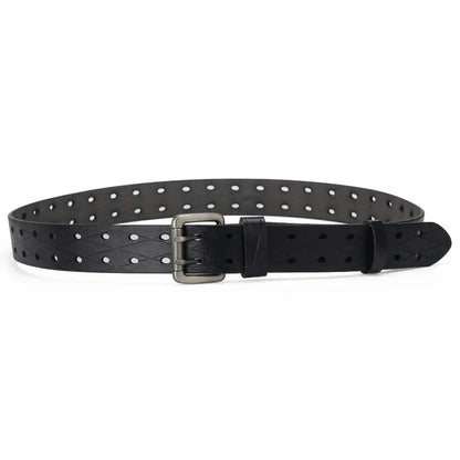 Mens Genuine Leather Double Prong Belt Heavy Duty Jeans Cowboy Black B - QHA UK