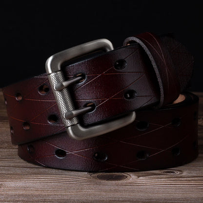 Mens Genuine Leather Double Prong Belt Heavy Duty Jeans Cowboy Black B - QHA UK