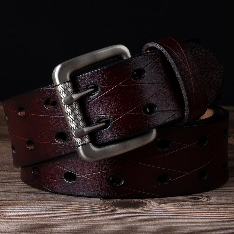 Mens Genuine Leather Double Prong Belt Heavy Duty Jeans Cowboy Black B - QHA UK