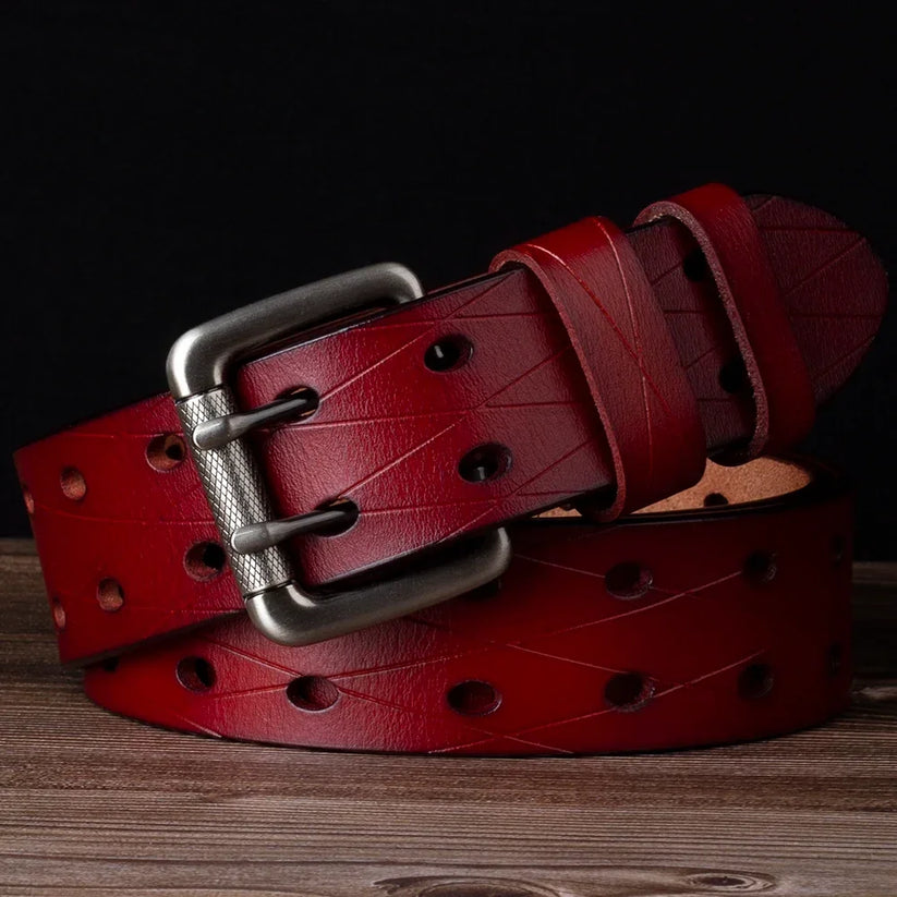 Mens Genuine Leather Double Prong Belt Heavy Duty Jeans Cowboy Black B - QHA UK
