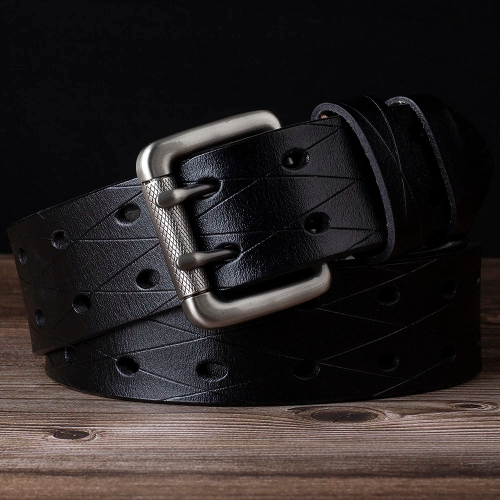 Mens Genuine Leather Double Prong Belt Heavy Duty Jeans Cowboy Black B - QHA UK