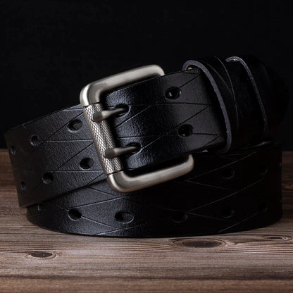 Mens Genuine Leather Double Prong Belt Heavy Duty Jeans Cowboy Black B - QHA UK