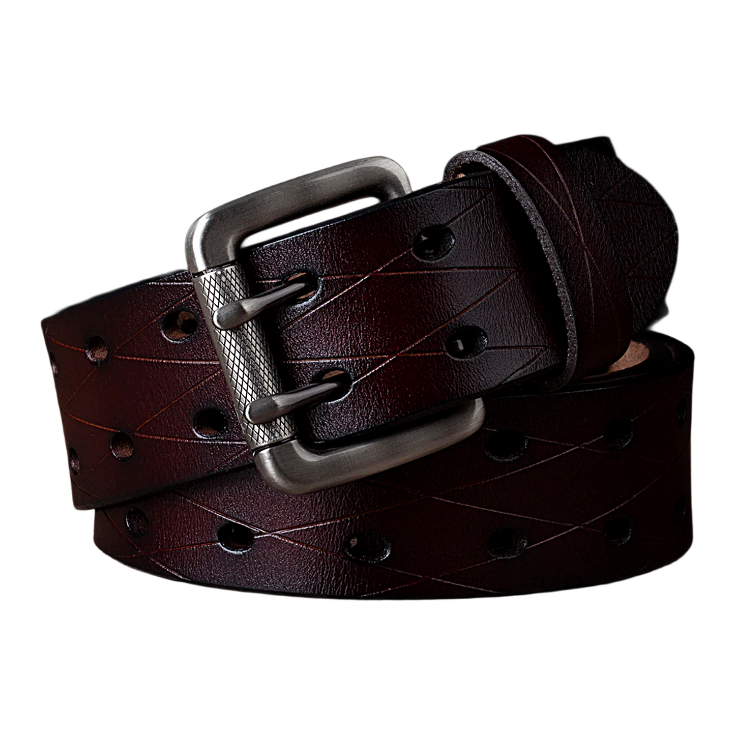 Mens Genuine Leather Double Prong Belt Heavy Duty Jeans Cowboy Black B - QHA UK