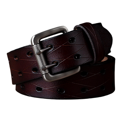 Mens Genuine Leather Double Prong Belt Heavy Duty Jeans Cowboy Black B - QHA UK