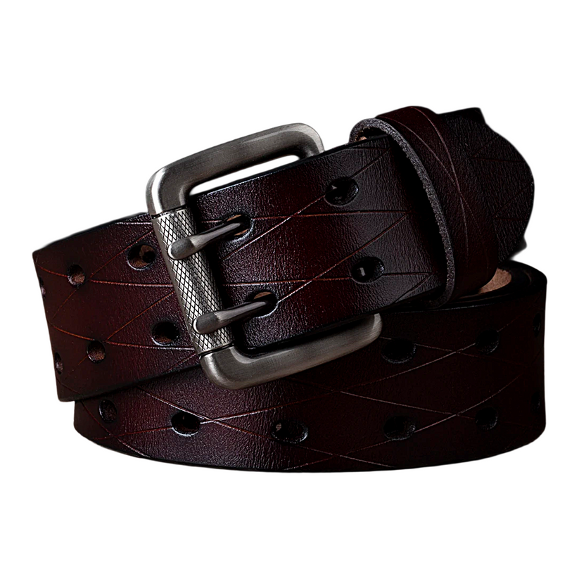 Mens Genuine Leather Double Prong Belt Heavy Duty Jeans Cowboy Black B - QHA UK