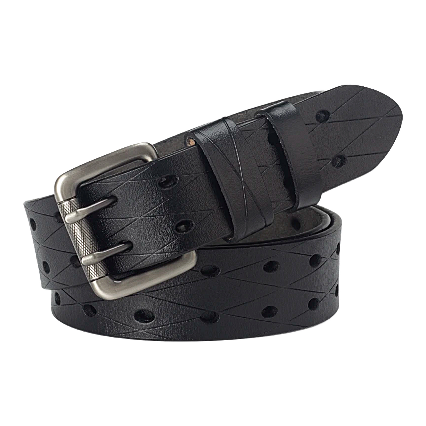 Mens Genuine Leather Double Prong Belt Heavy Duty Jeans Cowboy Black B - QHA UK