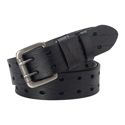 Mens Genuine Leather Double Prong Belt Heavy Duty Jeans Cowboy Black B - QHA UK