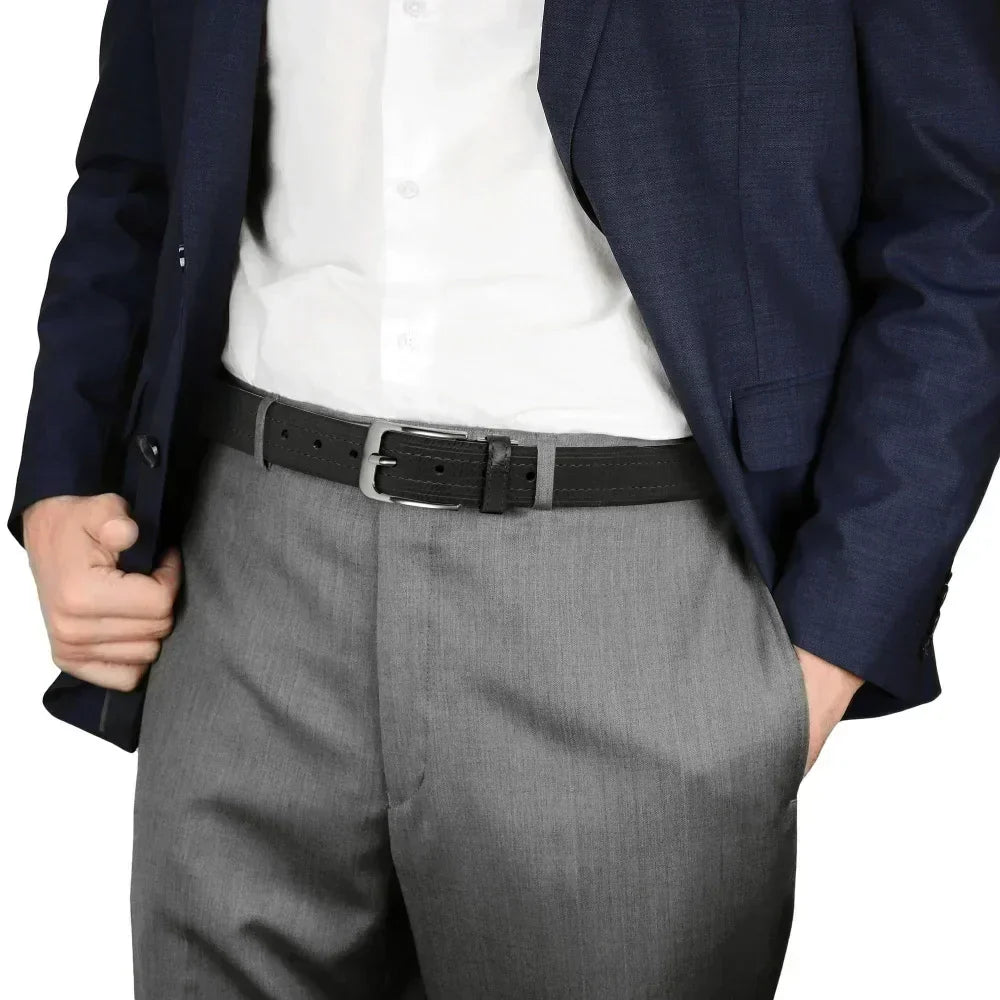 Mens Leather Belt Classic Metal Pin Buckle Casual Business 29mm Wide R - Buckle Detail - QHA UK