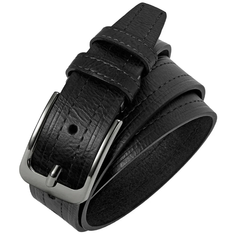 Mens Leather Belt Classic Metal Pin Buckle Casual Business 29mm Wide R - Buckle Detail - QHA UK
