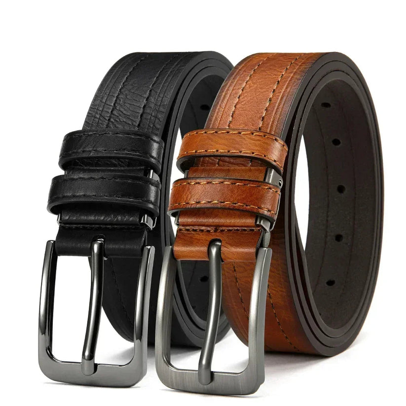 Mens Leather Belt Classic Metal Pin Buckle Casual Business 29mm Wide R - Buckle Detail - QHA UK