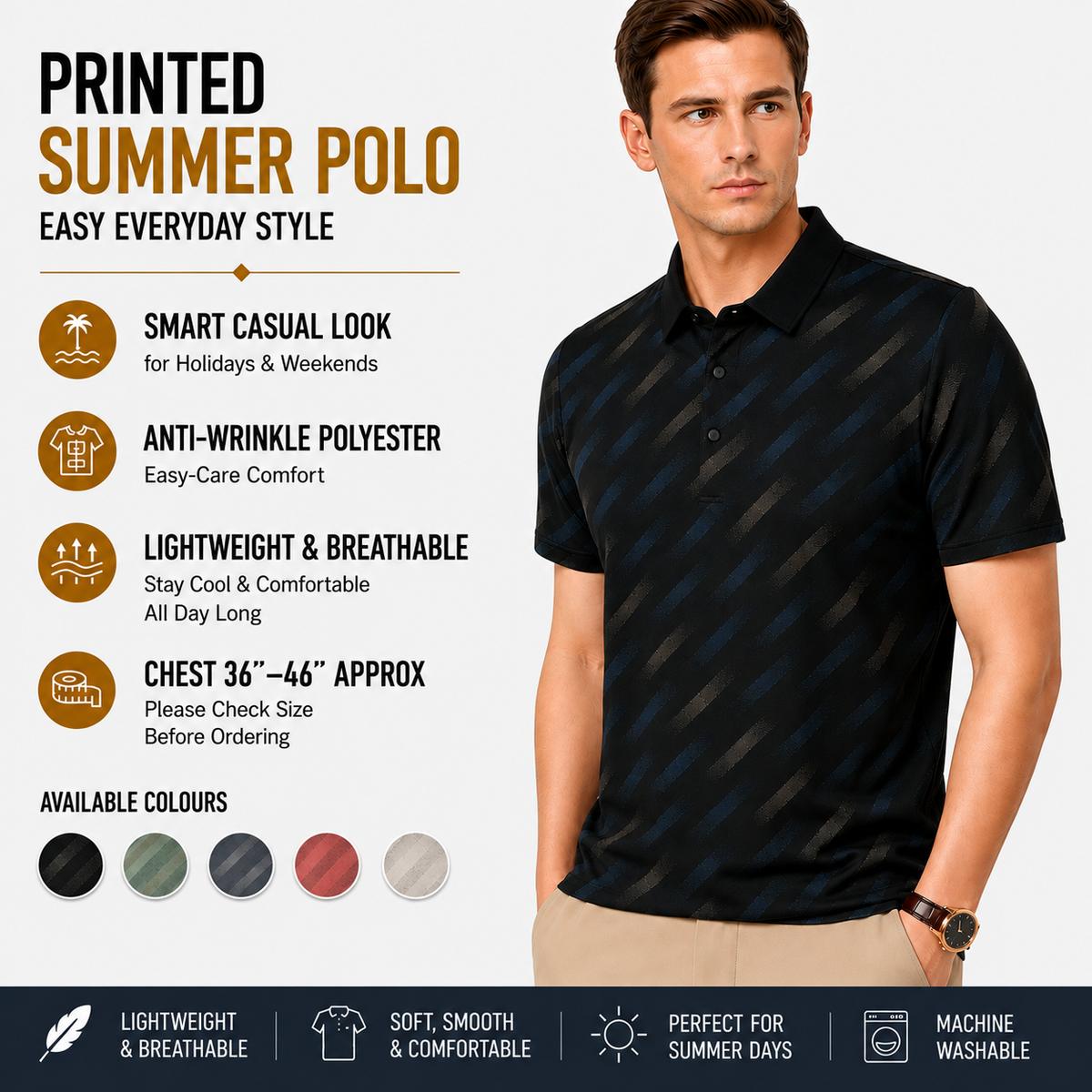 Mens Printed Polo Shirt Short Sleeve Contrast Summer Casual Top S-4XL - Sleeve Detail - QHA UK
