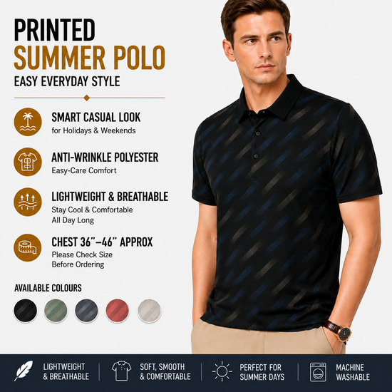 Mens Printed Polo Shirt Short Sleeve Contrast Summer Casual Top S-4XL - Sleeve Detail - QHA UK