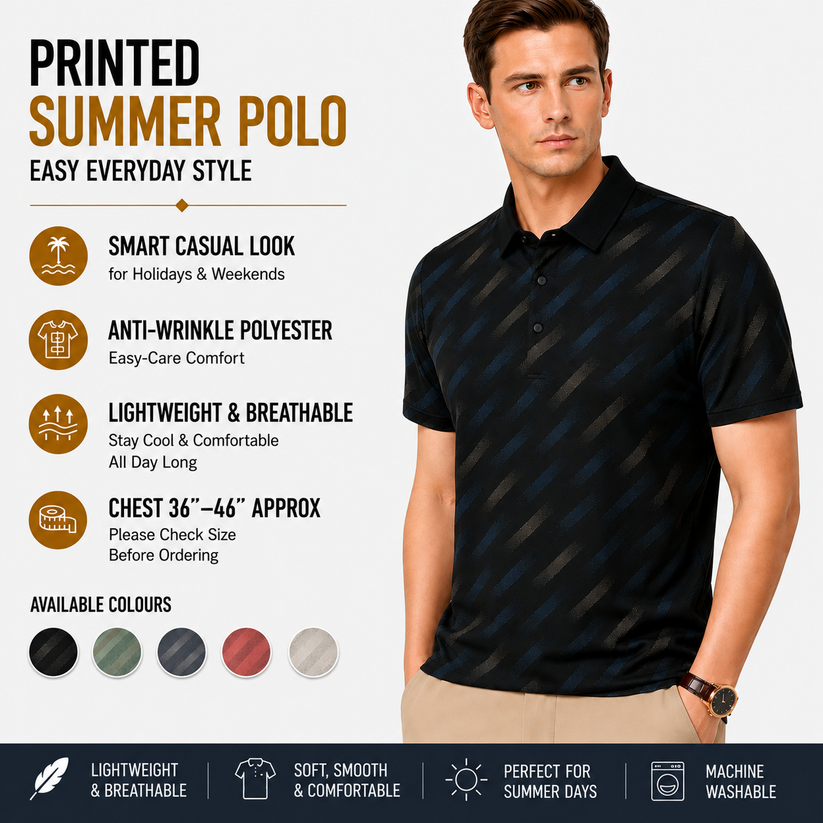 Mens Printed Polo Shirt Short Sleeve Contrast Summer Casual Top S-4XL - Sleeve Detail - QHA UK