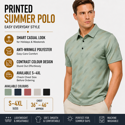 Mens Printed Polo Shirt Short Sleeve Contrast Summer Casual Top S-4XL - Sleeve Detail - QHA UK