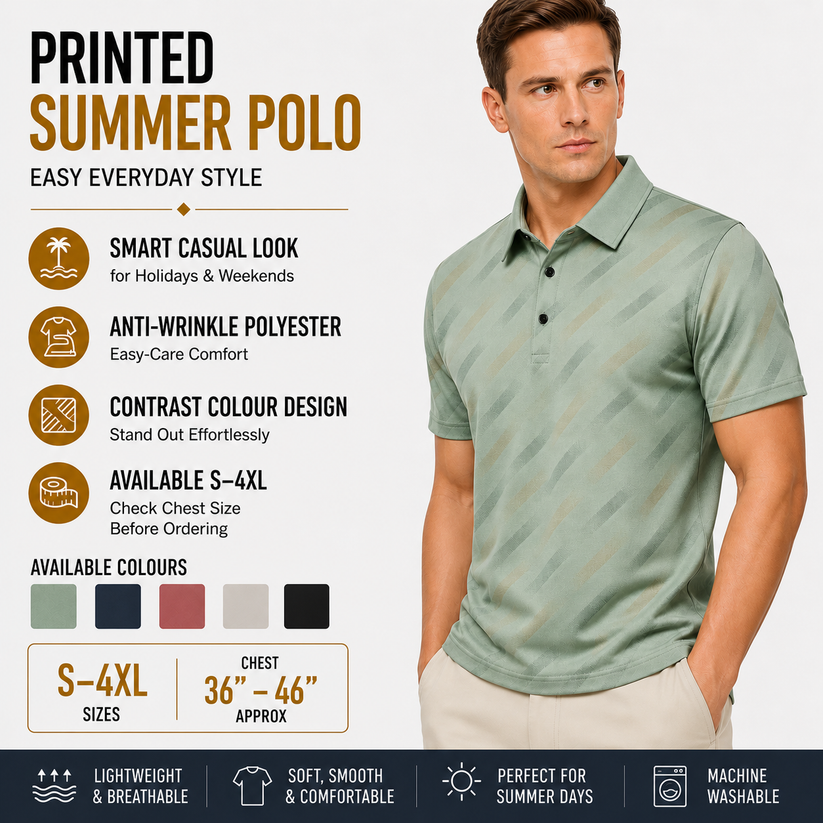 Mens Printed Polo Shirt Short Sleeve Contrast Summer Casual Top S-4XL - Sleeve Detail - QHA UK