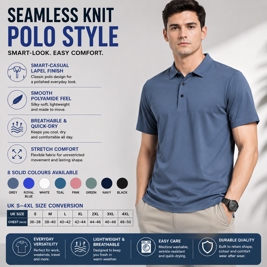 Men's Seamless Knit Polo Shirt Short Sleeve Lapel Smart Casual Top UK S-4XL - QHA UK