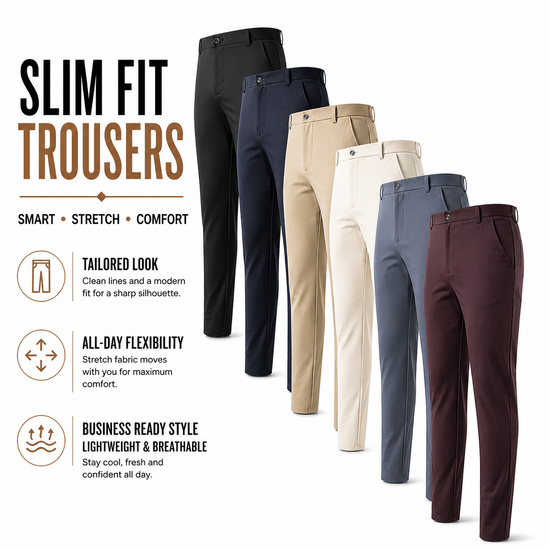 Mens Slim Fit Formal Trousers Stretch Smart Business Suit Pants - QHA UK