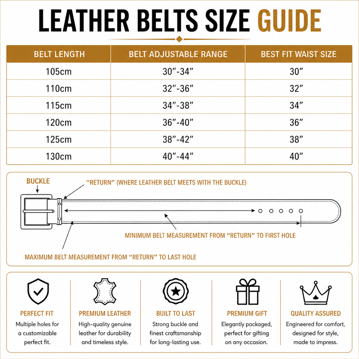 Men's Split Leather Pin Buckle Belt | 6 Colours | 110–125cm - Size Guide - QHA UK