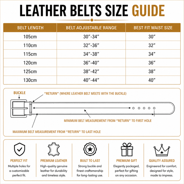 Men's Split Leather Pin Buckle Belt | 6 Colours | 110–125cm - Size Guide - QHA UK