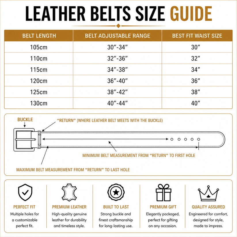 Men's Split Leather Pin Buckle Belt | 6 Colours | 110–125cm - Size Guide - QHA UK