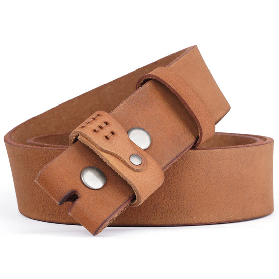 Men's Vintage Cowskin Leather Belt Strap | Snap Buckle | Brown Khaki | UK - QHA UK