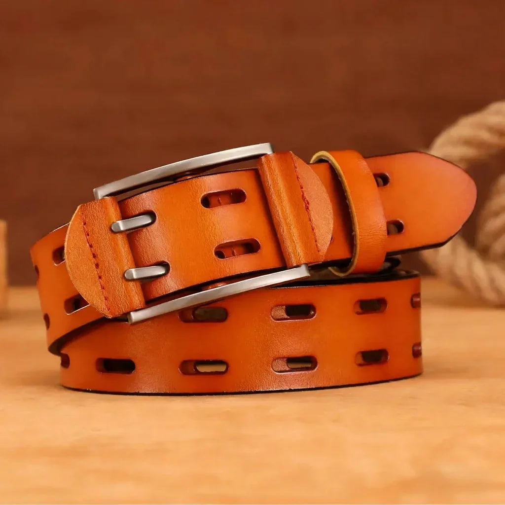Men's Women's Split Leather Plaid Belt | Casual Punk | 3.8cm | 110–130cm - Buckle Detail - QHA UK
