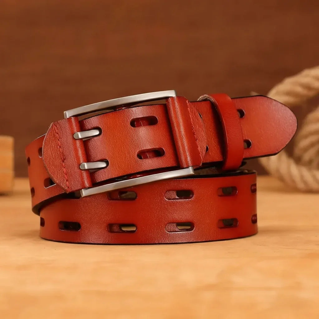 Men's Women's Split Leather Plaid Belt | Casual Punk | 3.8cm | 110–130cm - Buckle Detail - QHA UK