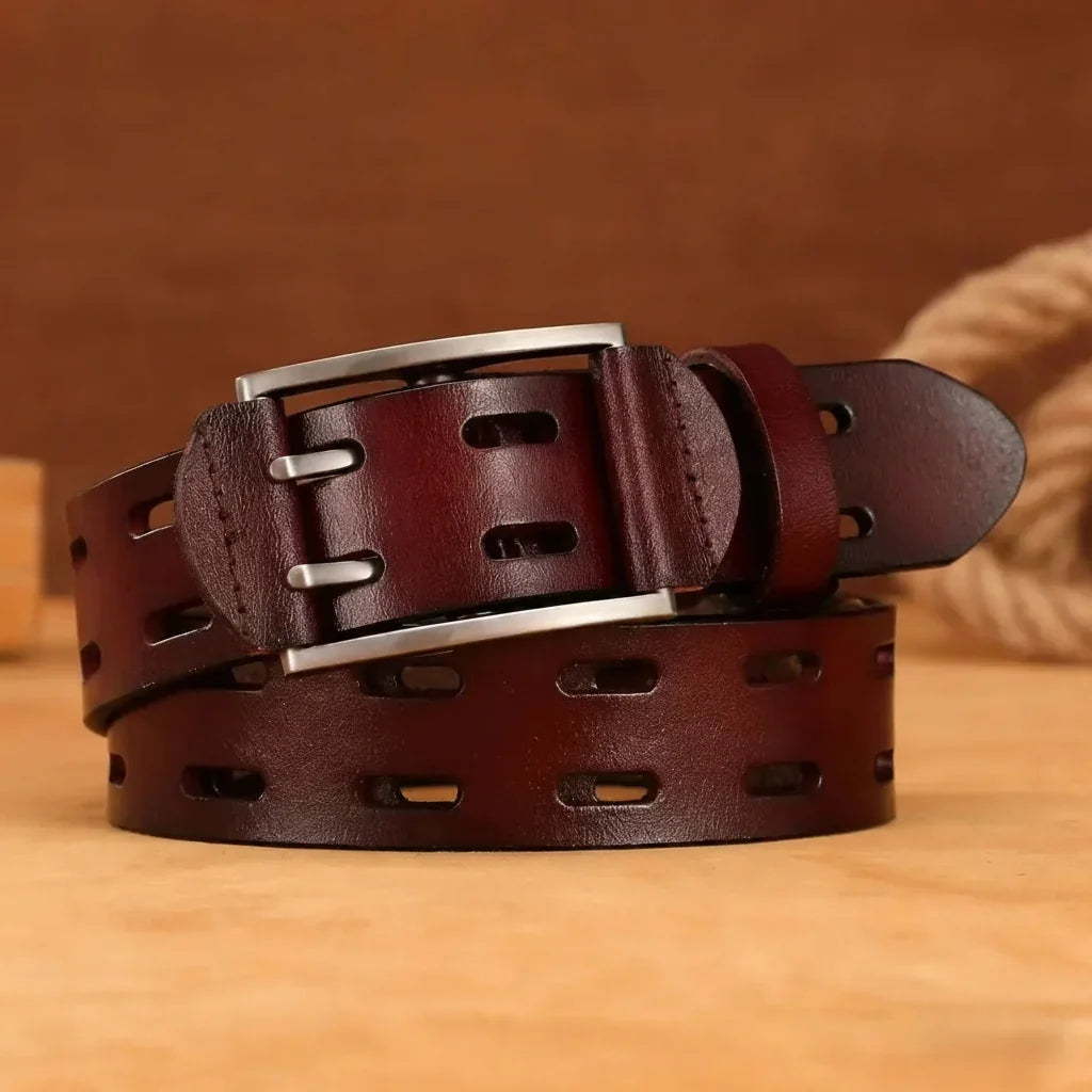 Men's Women's Split Leather Plaid Belt | Casual Punk | 3.8cm | 110–130cm - Pattern Detail - QHA UK