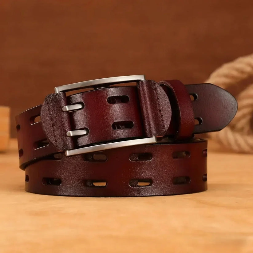 Men's Women's Split Leather Plaid Belt | Casual Punk | 3.8cm | 110–130cm - Pattern Detail - QHA UK