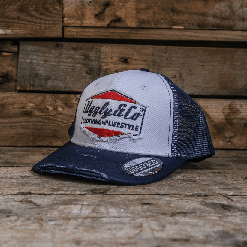 Uggly&Co Navy Blue White Diamond Cap Vintage Mesh Curved Peak - QHA UK