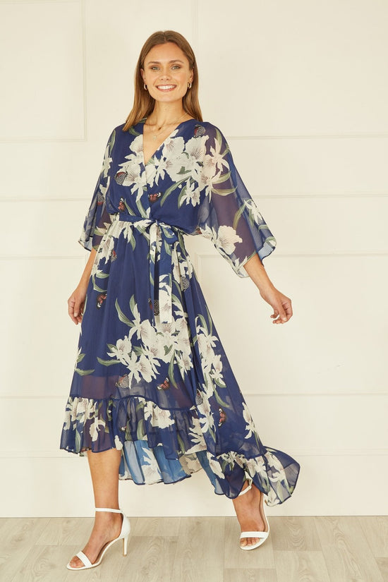 Yumi Navy Floral Kimono Sleeve Wrap Midi Dress | UK Sizes 6–28 - QHA UK