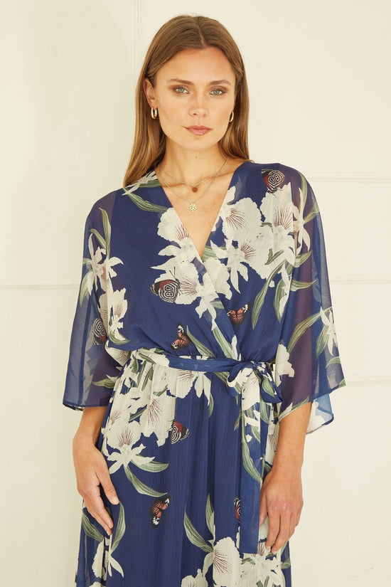 Yumi Navy Floral Kimono Sleeve Wrap Midi Dress | UK Sizes 6–28 - QHA UK