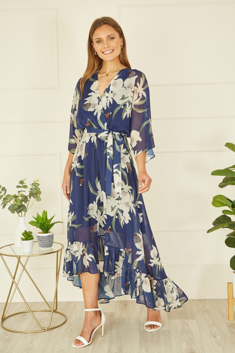 Yumi Navy Floral Kimono Sleeve Wrap Midi Dress | UK Sizes 6–28 - Sleeve Detail - QHA UK