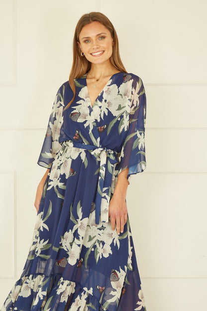 Yumi Navy Floral Kimono Sleeve Wrap Midi Dress | UK Sizes 6–28 - Sleeve Detail - QHA UK
