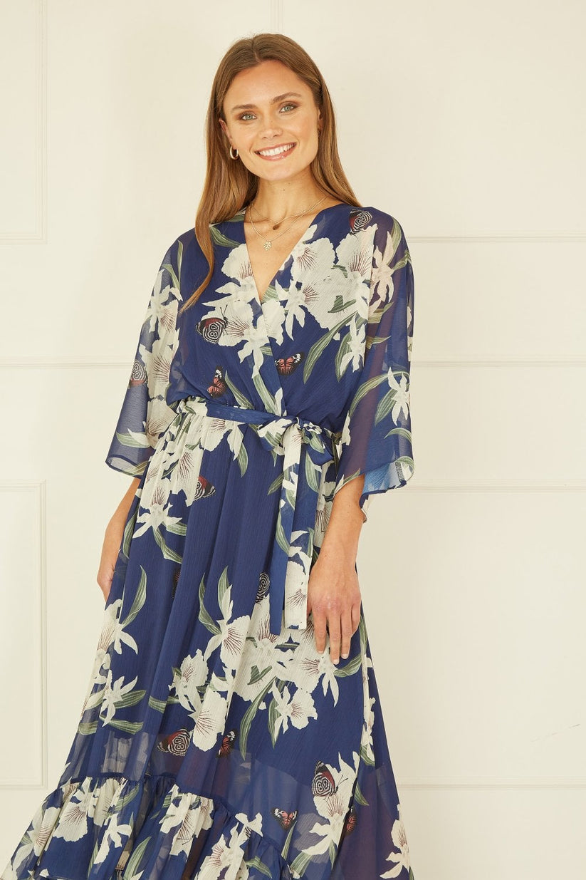 Yumi Navy Floral Kimono Sleeve Wrap Midi Dress | UK Sizes 6–28 - Sleeve Detail - QHA UK