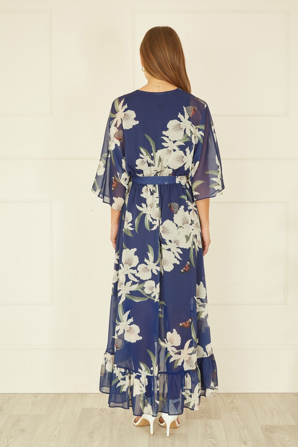 Yumi Navy Floral Kimono Sleeve Wrap Midi Dress | UK Sizes 6–28 - Sleeve Detail - QHA UK