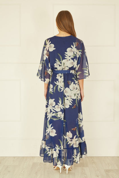 Yumi Navy Floral Kimono Sleeve Wrap Midi Dress | UK Sizes 6–28 - Sleeve Detail - QHA UK